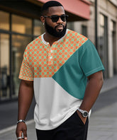 Big & Tall Men's Orange Triple Color Geometric Print Henry Collar Button Short Sleeve T-Shirt
